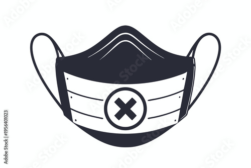 Flat monochrome illustration of protective mask with cross symbol and elastic bands