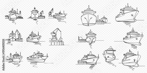Set of hand-drawn boat and ship icons with various vessels and port elements in a sketch style.