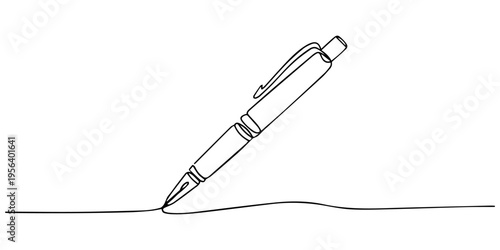 Back to school concept education pen continuous one line art drawing, Continuous one line drawing writing pen isolated minimalist linear, metal pen,  fountain pen in silhouette on a white background. 