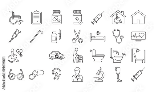 Collection of medical and elderly care icons isolated on transparent background