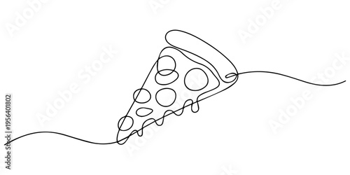One continuous line pizza slice menu concept. Restaurant food pizzeria icon single line drawing, One line Drawing or illustration of slice of pizza with pepperoni and mushrooms, Fast food, junk food.