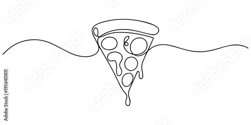 One continuous line pizza slice menu concept. Restaurant food pizzeria icon single line drawing, One line Drawing or illustration of slice of pizza with pepperoni and mushrooms, Fast food, junk food.