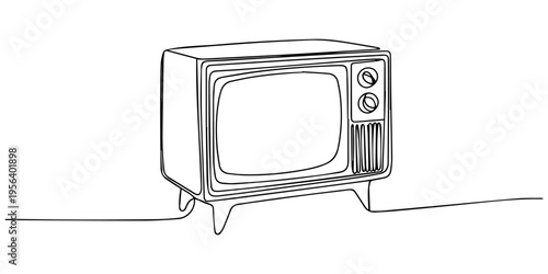 Retro wooden TV box continuous one line drawing, a retro vintage television set with antenna and knobs on a white background, concept for nostalgic broadcasting, Single line drawing illustration of.