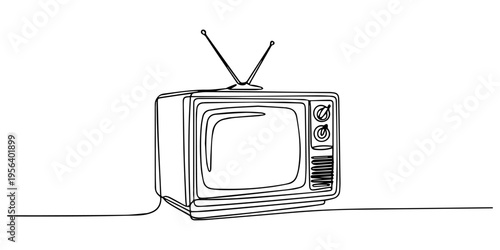 Retro wooden TV box continuous one line drawing, a retro vintage television set with antenna and knobs on a white background, concept for nostalgic broadcasting, Single line drawing illustration of.