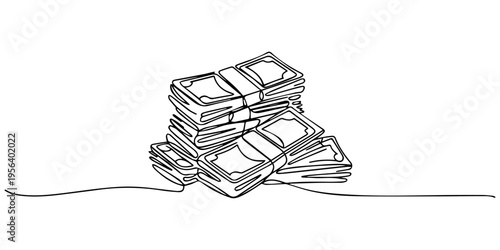 a stack of paper money, cash, banknotes, dollars, in one line. Continuous line drawing of dollars, bundles of money, Several bundles of money continuous line drawing. Money saving investment and finan