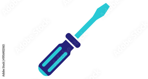 Flathead Screwdriver Tool for Repairs and Construction with Blue and Teal Handle on White Background