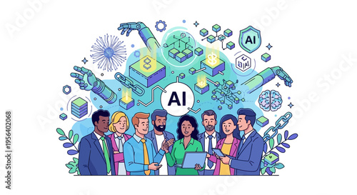 Diverse team collaborating with AI technology and robotics