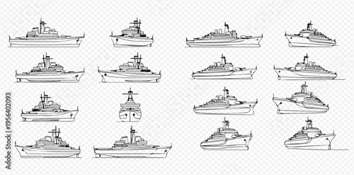 Set of Hand-Drawn Warships and Military Boats in Various Views.