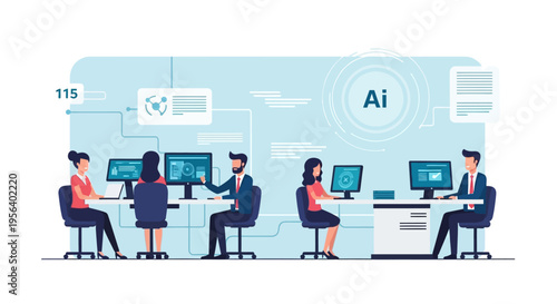 Team collaborating on AI project in modern office