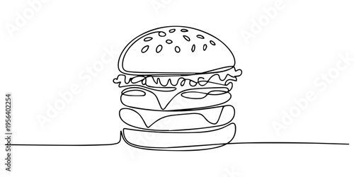 tasty beef burger with cheese and salad continuous one line drawing, One line continuous cheeseburger symbol concept. Silhouette of fast food restaurant burger with cheese salad buns. Digital white on