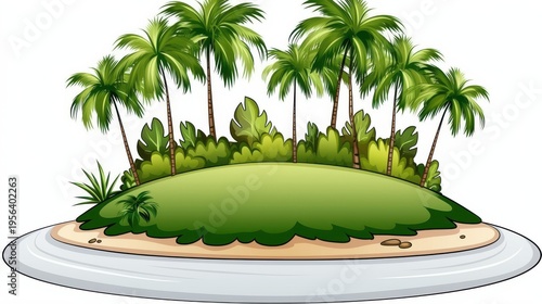 A vibrant cartoon-style tropical island featuring lush palm trees and a sandy beach surrounded by calm water.