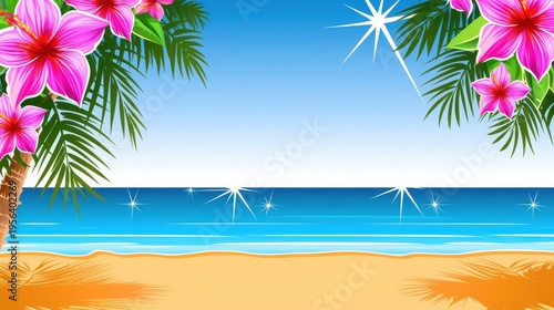 A vibrant tropical beach scene with pink flowers, palm trees, and a sparkling ocean under a clear blue sky.