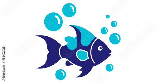 Marine Life Fish Swimming With Bubbles Underwater Aquatic Animal Cartoon Style