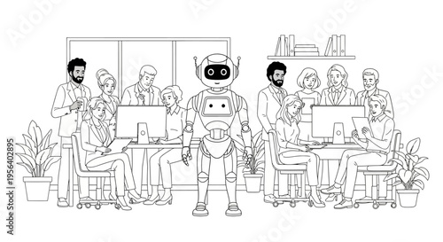 Modern office team collaborating with robot assistant in workspace