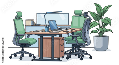 Modern office workspace with ergonomic chairs and plants