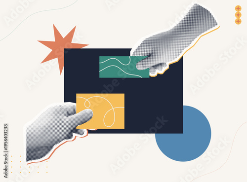 Trendy Halftone Collage style illustration of two hands placing colorful cards on a dark board, representing connecting ideas, creative thinking, brainstorm and collaboration concept.