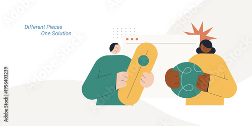 Flat style illustration of two diverse person each holding different shaped objects, representing different pieces one solution, collaboration, diversity and teamwork concept.
