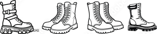 Four black and white line drawings of combat boots with laces and buckles