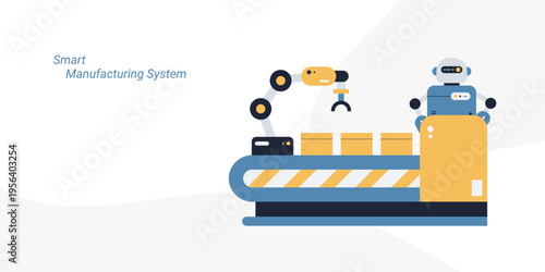 Flat style illustration of a robot and robotic arm operating an automated conveyor belt with boxes, representing smart manufacturing system, industrial automation and AI technology concept.