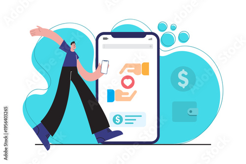 Flat vector illustration of a man making a donation through a smartphone. Concept of digital charity, online fundraising and easy donation using mobile technology.