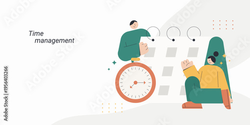 Flat style illustration of two diverse person interacting with a large clock and calendar grid, representing time management, scheduling, planning and productivity concept.