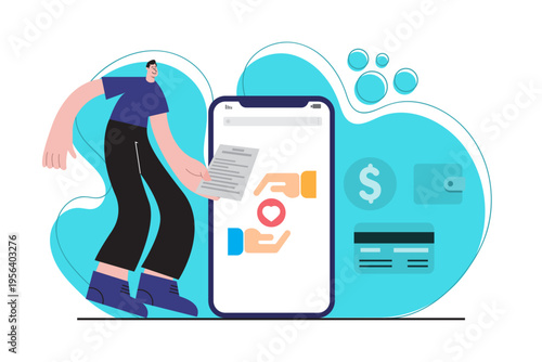 Flat illustration of a digital donation process with invoice and financial document on a smartphone. Concept of transparent charity, fundraising management and secure online donation.