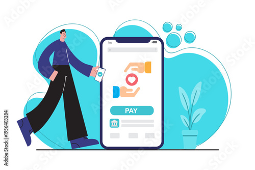 Vector illustration of a man using a mobile app to make a donation with a pay button. Concept of online charity, fundraising platform, and digital giving experience.