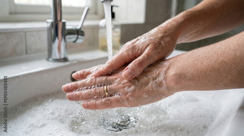 Fototapeta premium Washing Hands With Soap And Water In A Sink, Hygiene And Cleanliness Concept