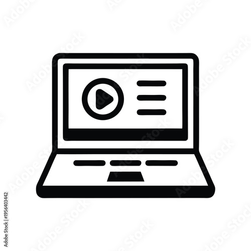 A streamlined black laptop displaying a video play icon and menu options fronts the viewer