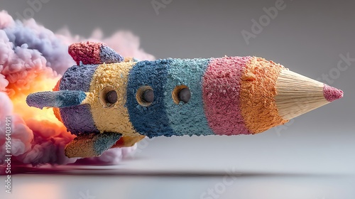 A colorful rocket shaped like a pencil launches amidst vibrant smoke, symbolizing creativity and innovation, set against a simple backdrop.