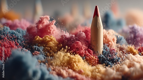 A vibrant, artistic scene with a pencil emerging from colorful swirling powder, showcasing creativity and imagination