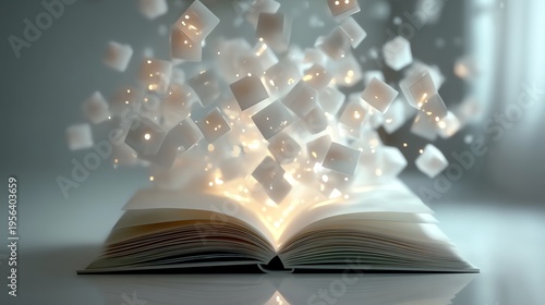 An open book with glowing cubes rising from its pages, symbolizing creativity, imagination, and the limitless possibilities found within stories and knowledge.