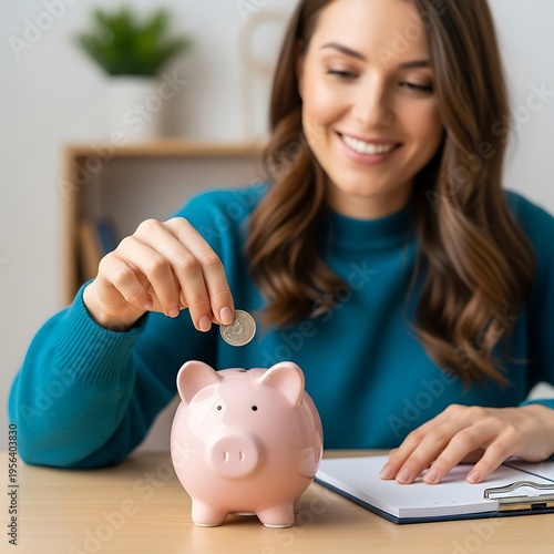 Woman Saving Money in Piggy Bank for Future.