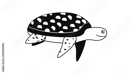 A black and white illustration of a sea turtle swimming in the ocean