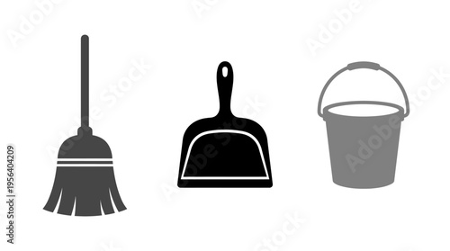 Cleaning Tools Broom, Dustpan, and Bucket Icons