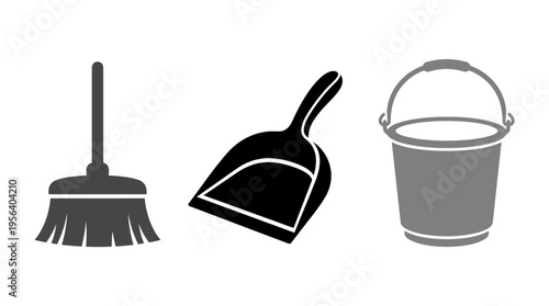 Cleaning Tools Broom, Dustpan, and Bucket Icons