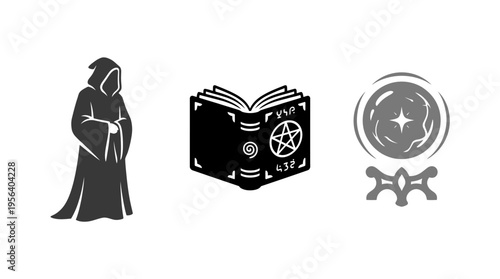 Fantasy icons set, mystic symbols, magic crystal ball
