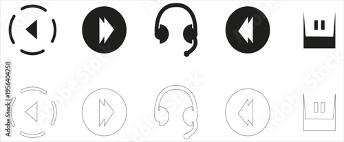 Different multimedia playback icons collection. audio control line and solid Icons play, pause, forward and headset. minimalistic audio icons set.