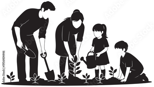 Family Planting Vegetable Garden Together Icon — Community Gardening Minimal Black-and-White Solid Silhouette For Sustainable Living