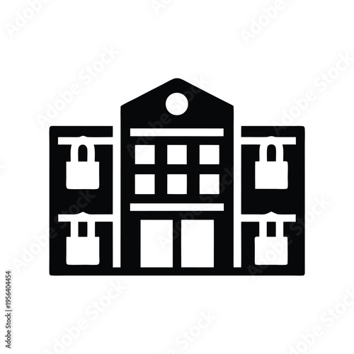 Simple black building features symbolic locks hanging from the outer wings above each door