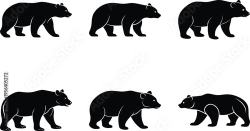 Black bear silhouette walking standing vector icon set