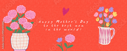Cutest Mothers Day card, banner or poster for spring and summer holidays with beautiful flowers in a vase on the red background. Hand drawn Floral art template for Mother’s Day, birthday and Women’s D