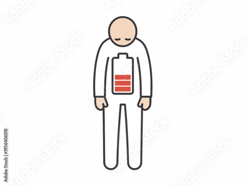 A low-energy man stands dejectedly with a nearly empty battery on his chest