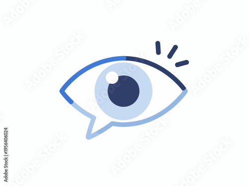 A large blue eye with a speech bubble is looking sideways with a shocked expression.
