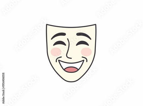 A smiling theatrical mask with rosy cheeks and eyebrows is shown in a cartoon illustration.