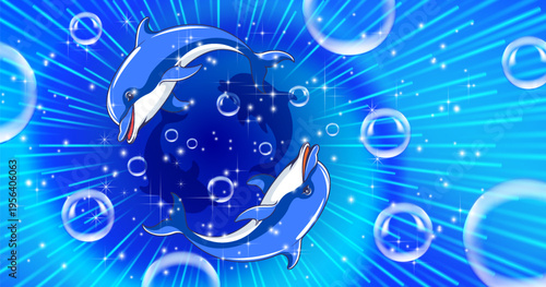 Vector blue sea neon depth. Cute cartoon floating rotating dolphins. Bubbles, rays, shadows and sparks. Toon bright swirling ocean blurry abyss. Marine animation fantastic fairytale banner