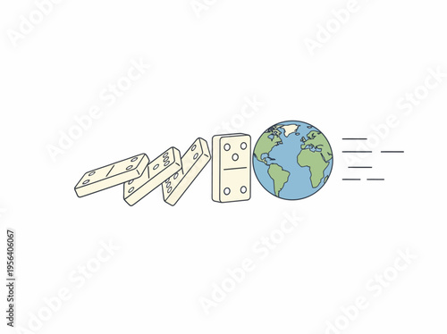 A group of falling dominoes leads to a globe on a flat surface.