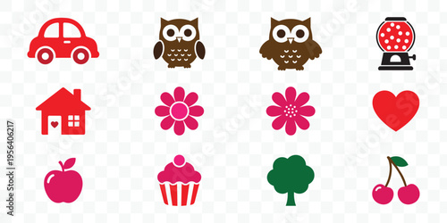 Cute Cartoon Vector Icon Set Car, Owl, House, Heart, Flowers, Nature and Food Elements Collection for Kids and Design Projects