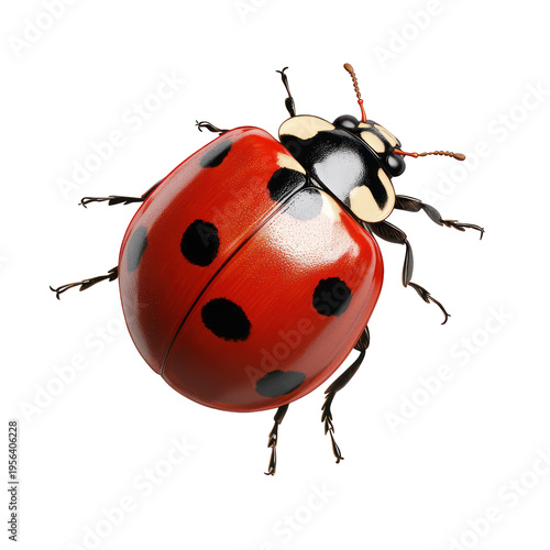 A ladybug with a shiny red shell and black spots on transparent background