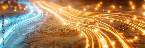 Digital Streams: An artistic representation of data flow, with streams of vibrant light merging and diverging, symbolizing the intricate pathways of information in the digital world.